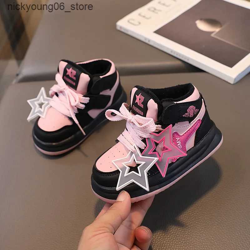 Boots Childrens Sneakers Autumn Winter Boys Girls Velet Lined Warm Sport Shoes Cute Star Shoes Toddler Non-slip Walking Footwear L240910