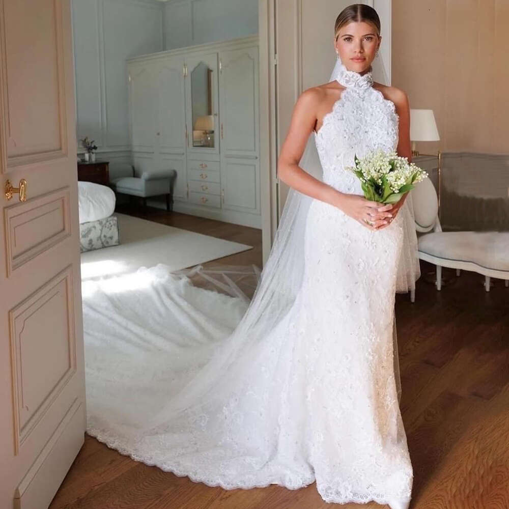 MULONG High Neck Wedding Dress Sheath/Column Lace Beading Court Train Sleeveless