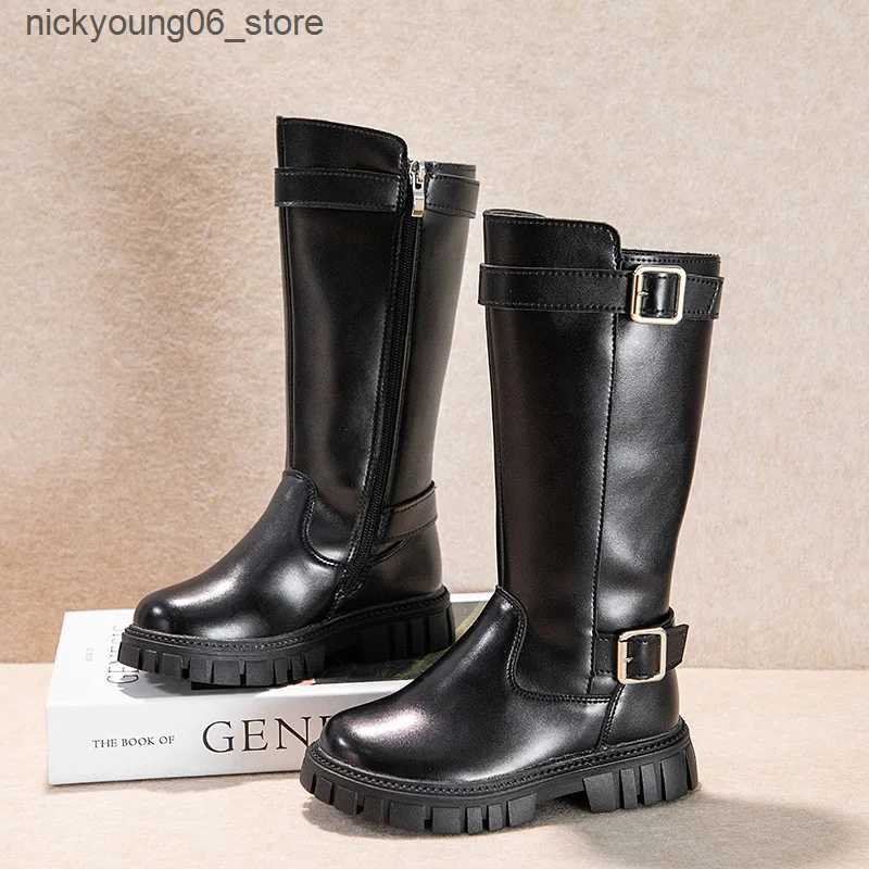 Boots Winter Childrens Boots Black School Girls Long High Boots Fashion Causal Warm Kids Cotton Boots Thick Bottom Mid-Calf Versatile L240910