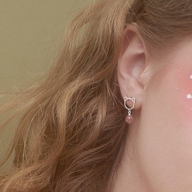Cute Strawberry Pink Crystal Beads Cat S Sier Needle Earrings Female too