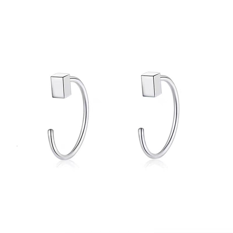 Sier needle women's hole, small square hook, ear bone ring earrings, simple and niche earrings