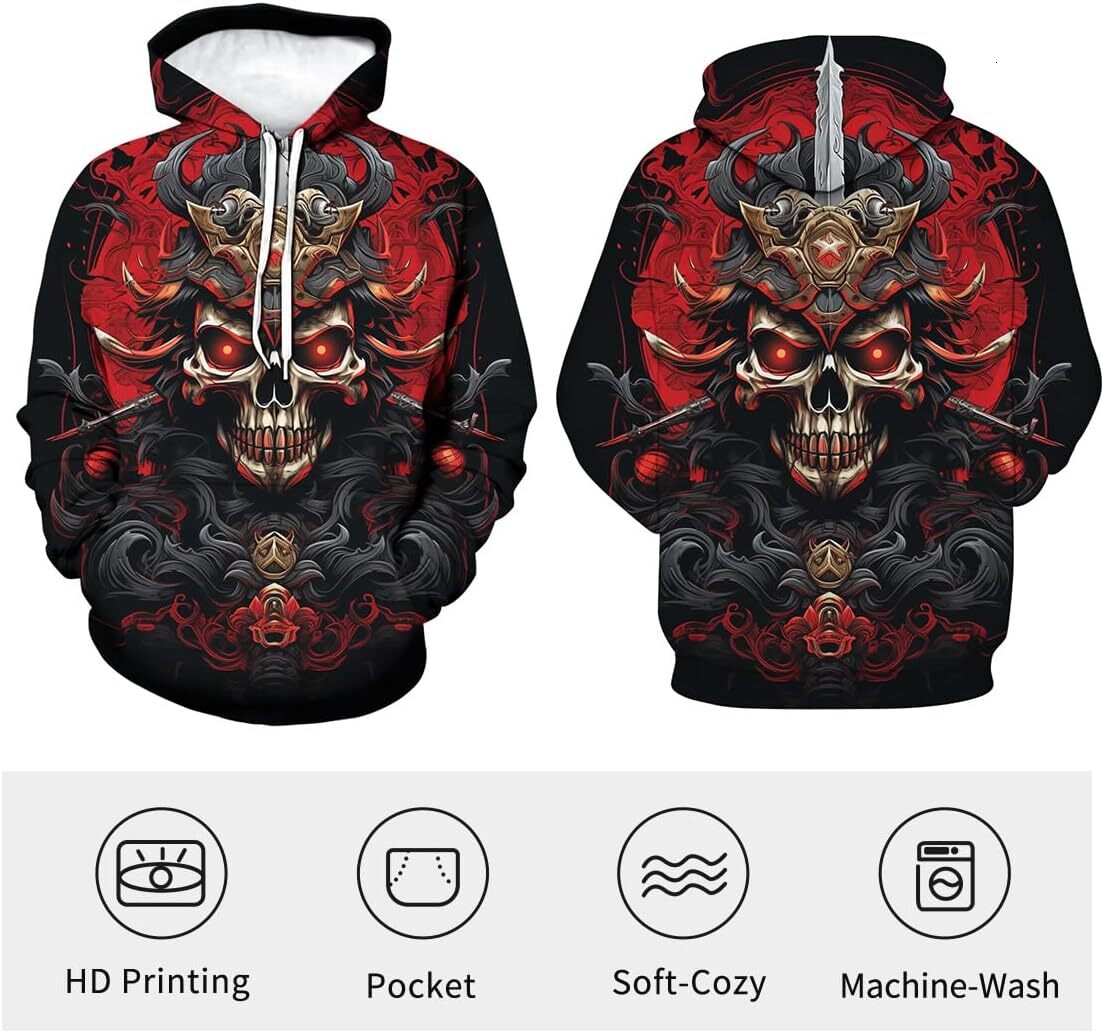 Hoodie for Mens Womens Retro Skull Hoodies For Men Novelty Hip Hop Japanese Samurai Long Sleeve Sweatshirt Hoodies Pocket Graphic Hoodies sweatshirt