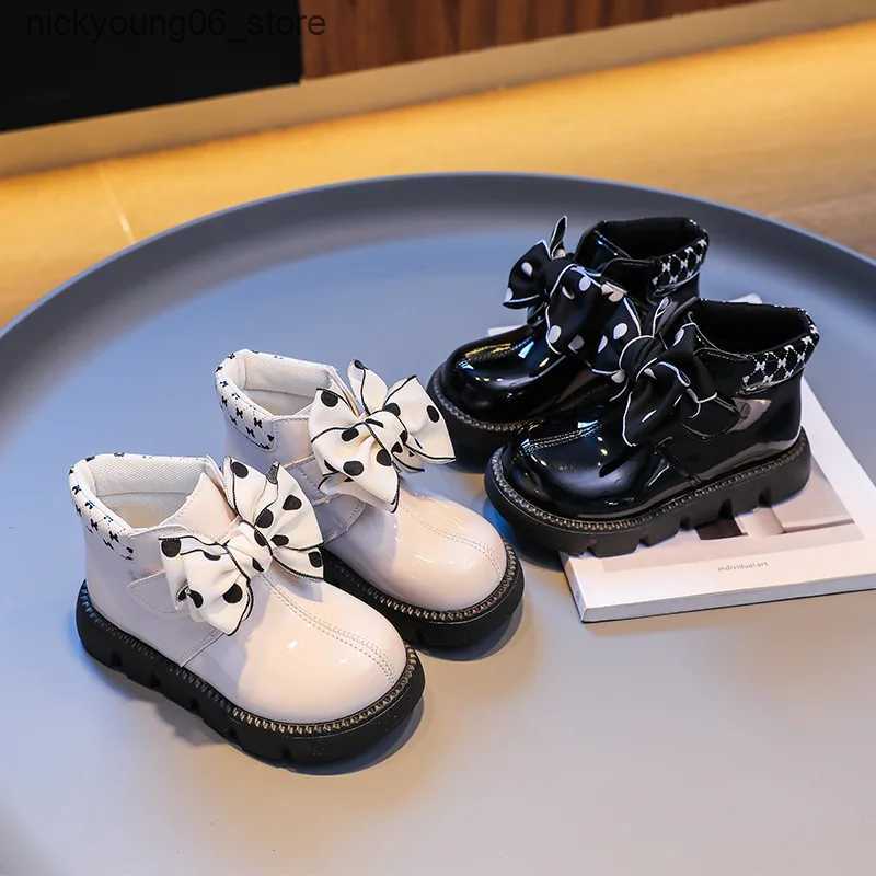 Boots Girls Ankle Boots Black White Versatile Princess Polka Dot Bow Kids Fashion Casual Short Boots Hook Loop Children Glossy Shoes L240910