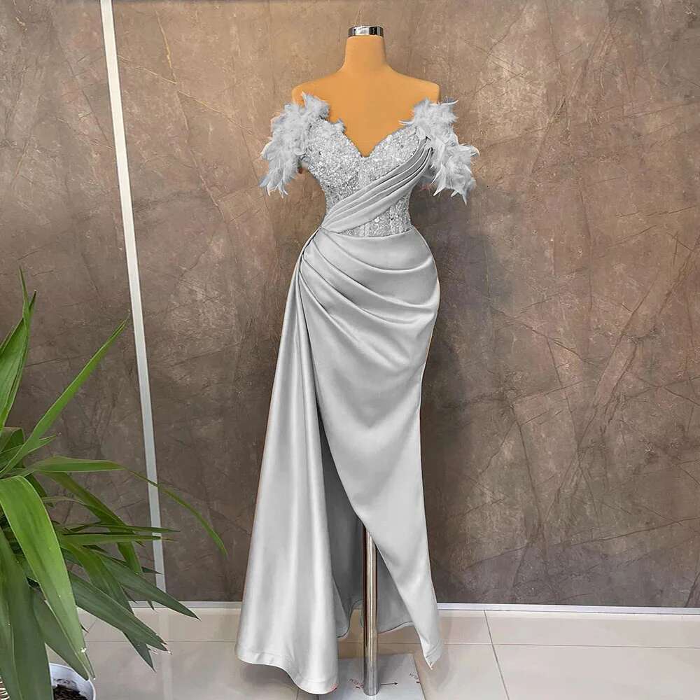 Pink Satin Feather Evening Ladies Party Sleeveless Beaded Sexy Prom Mermaid High Split Formal Ocn Dress