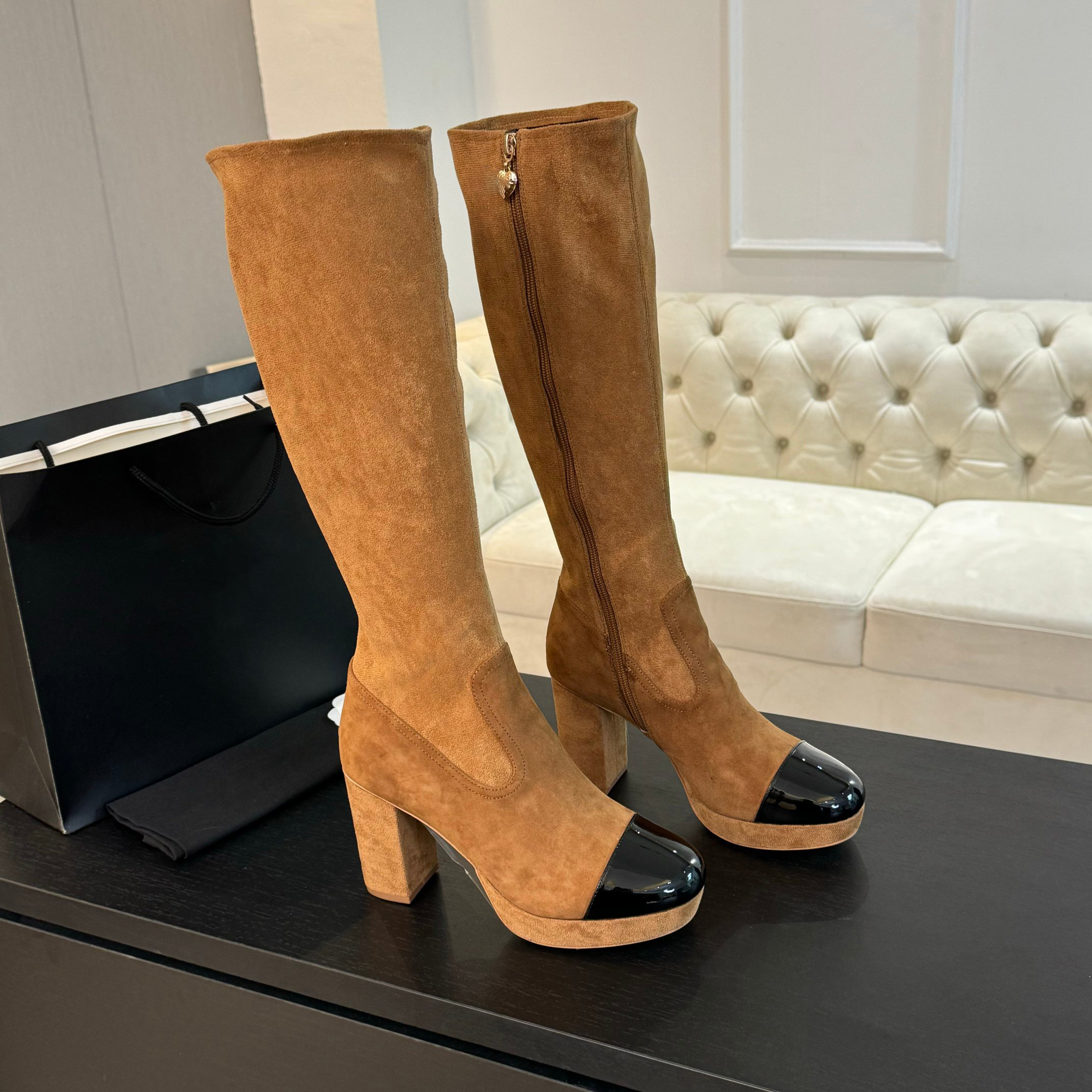 New Quality Knee Knight Boots chunky Heel round Toe Side Zip suede Leather stretch Boots Women Luxury Designer Leather Sole Factory Shoes Size 35-41 Heel 8cm with Box
