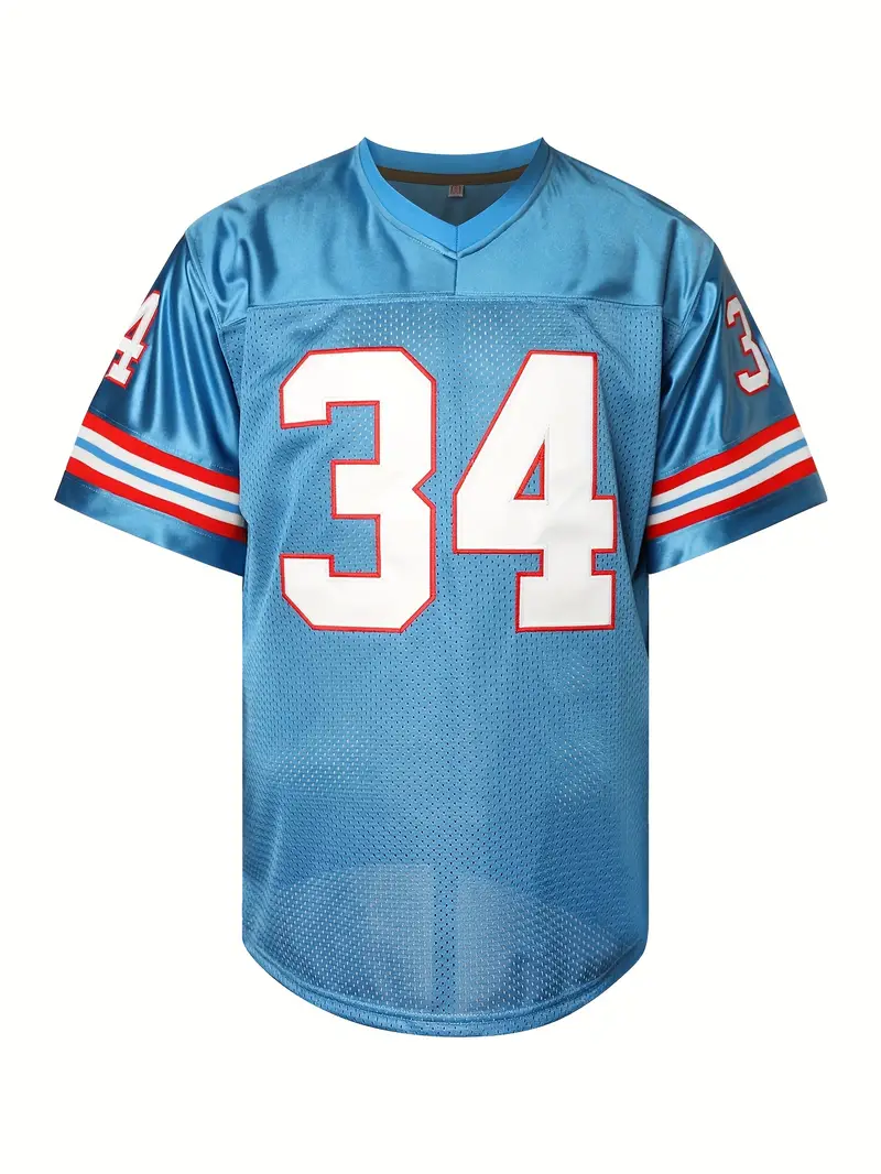 #34 Earl Campbell Comfy V-Neck Football Jersey Light Blue Mesh Embroidery for Training and Competition Breathable Moisture-Wicking American Football S