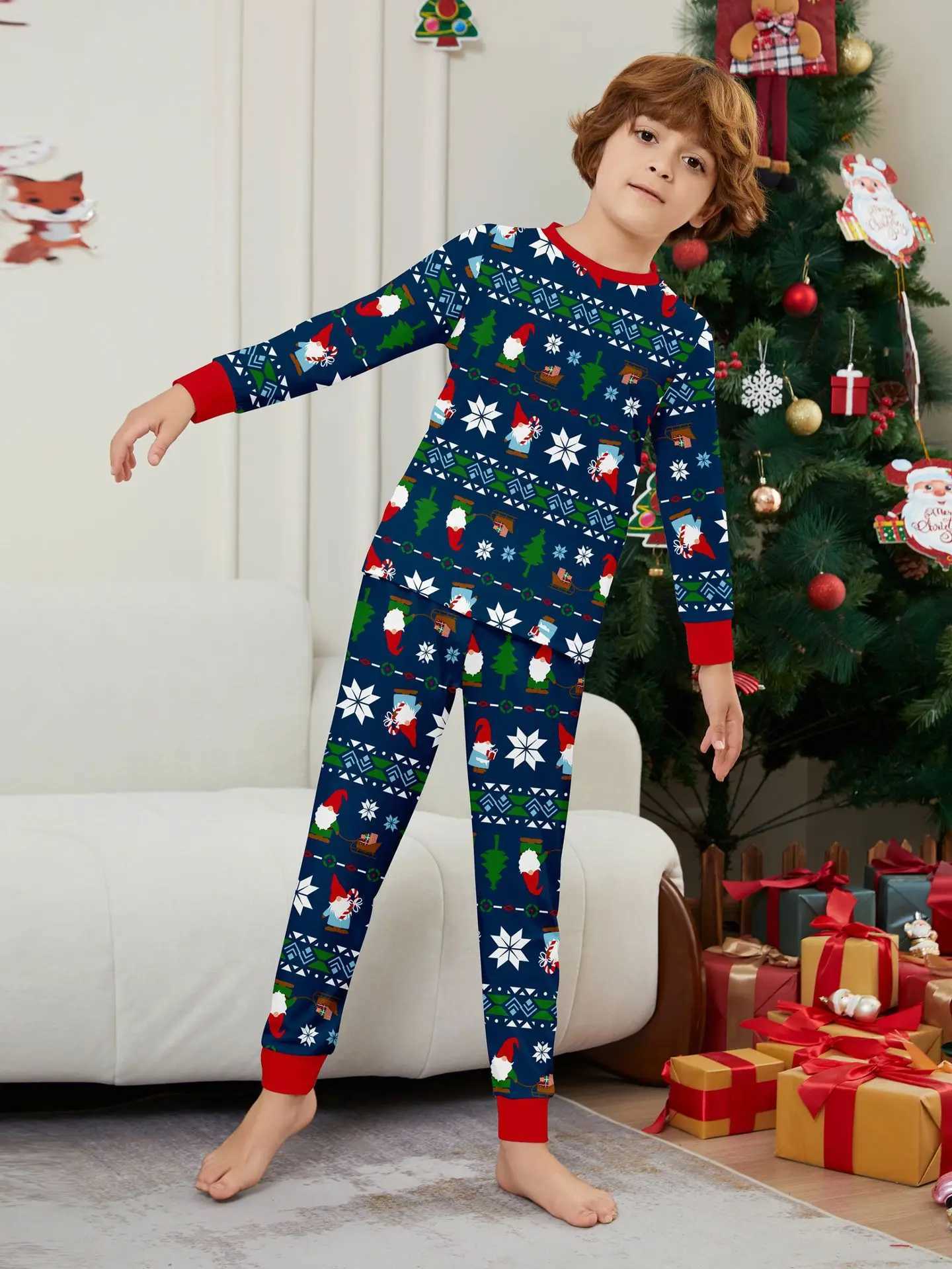 2025 New Years clothing cartoon full print Christmas family pajamas casual loose 2-piece set parent-child matching set W241008