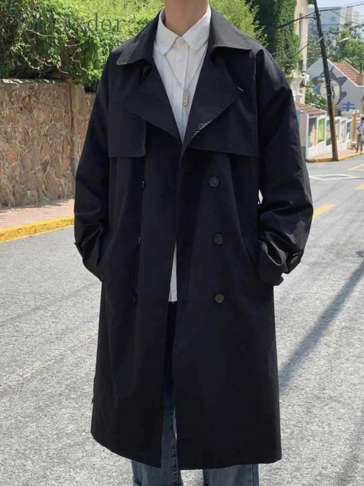 Gmiixder Spring Black Windproof Mens Medium length Trench Coat Trend Casual Personalized Long Jacket Japanese Temperature Apricot Tree Top W241007