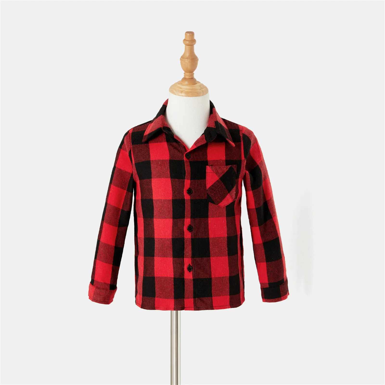 Christmas Family Matching Outfits Red Checkered Long Sleeve Button Up Top and Mesh Skirt Set Suitable for Family Appearance Clothing W241008