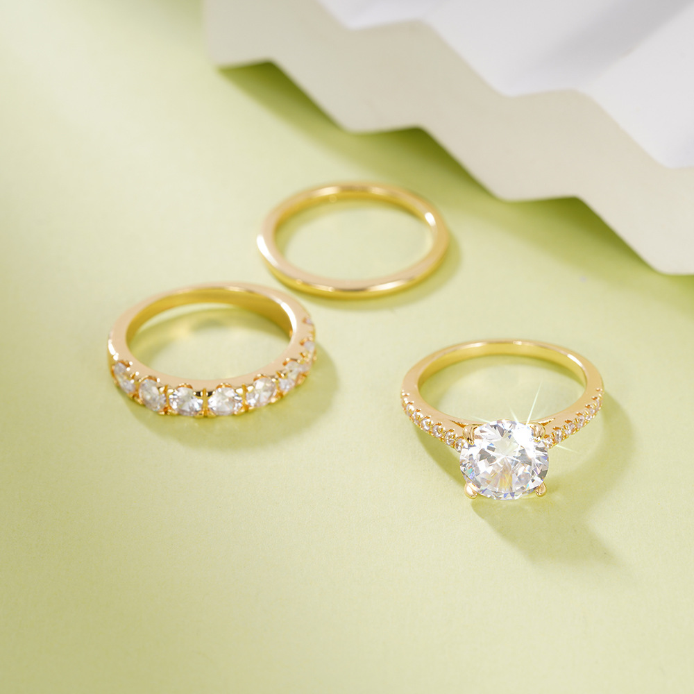 3PCS Wedding Rings Elegant Vintage Jewelry 10KT Gold Fill Round Cut White Cubic Zircon CZ Diamond Gemstones Party Eternity Women Bridal Ring Set Gift