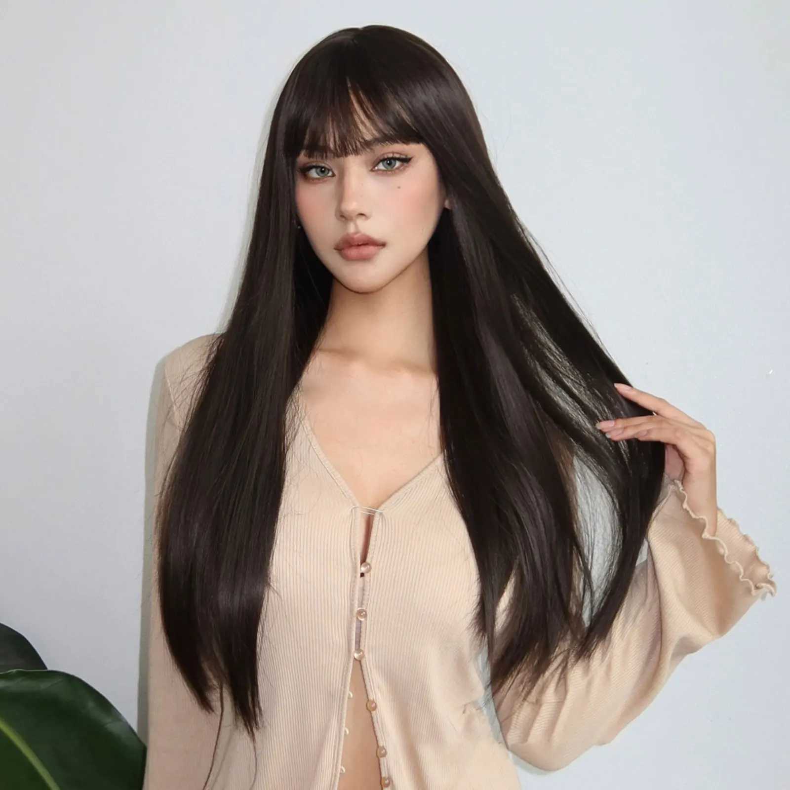 Long Straight Black Wig with Bangs 26 Inch Black Brown Natural Hairline Female Synthetic Wig for Women Daily Wear Mothets DayXJ241008