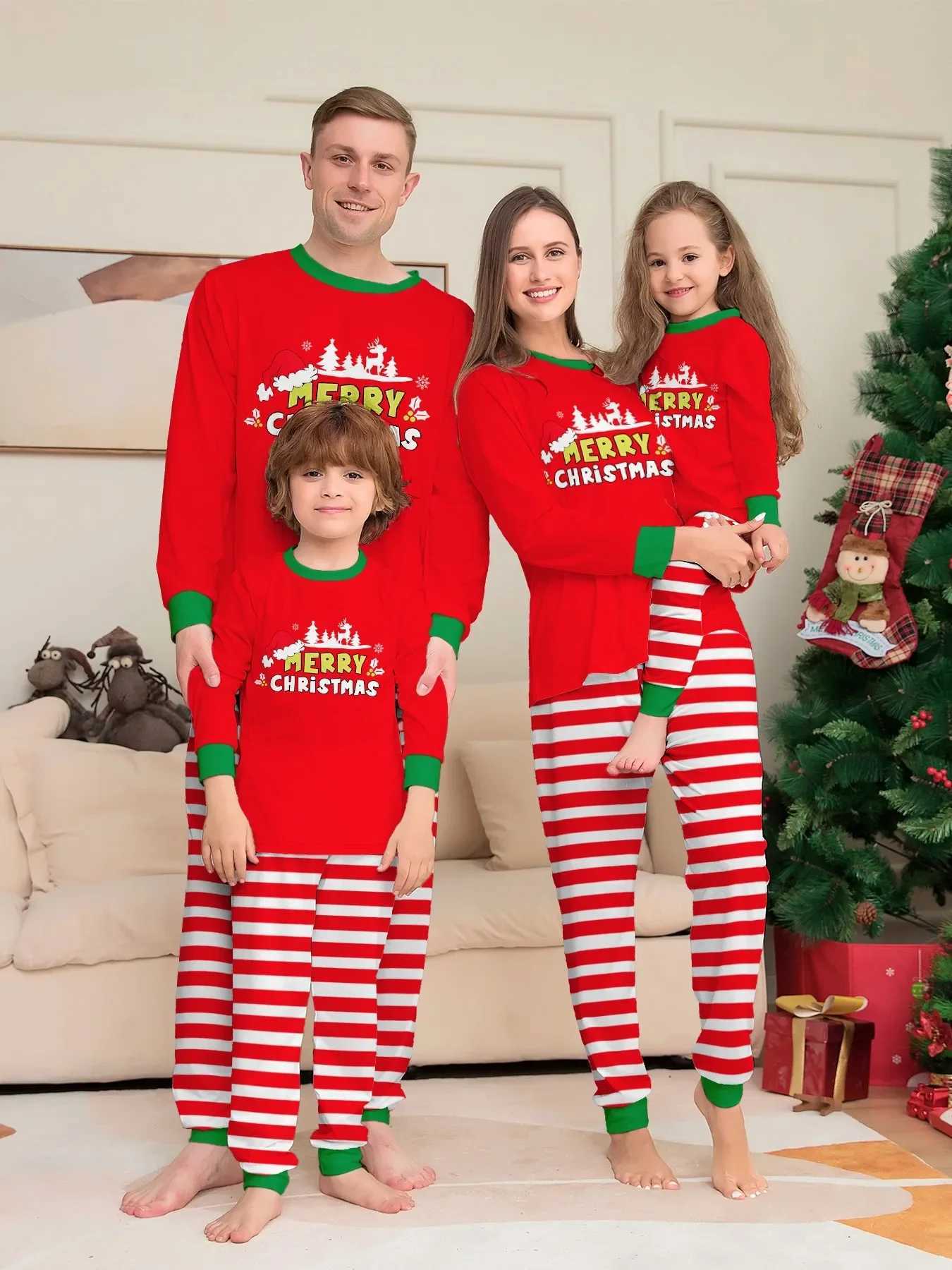 Merry Christmas Striped Print Pajamas Set Parent-child Matching Outfits Cute Soft 2 Pieces Suit Loungewear Xmas Family Look PjsXJ241008