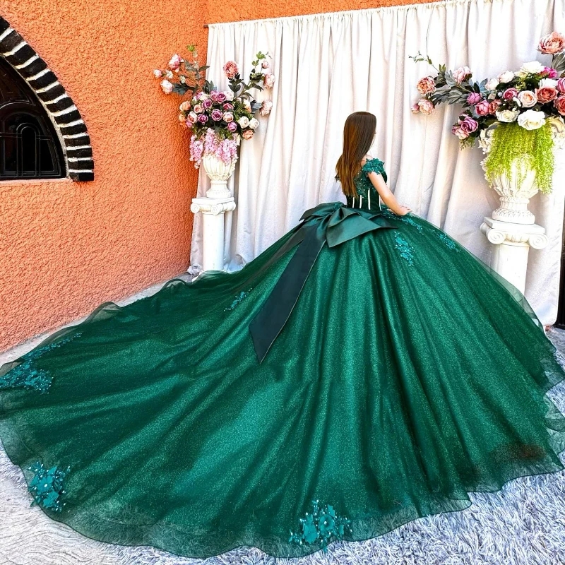 Green Shiny Sweetheart Ball Gown Quinceanera Dresses Beads Appliques 3D Flower Bow Birthday Party Gowns Vestidos De 15 Anos Sweet 16 Dress