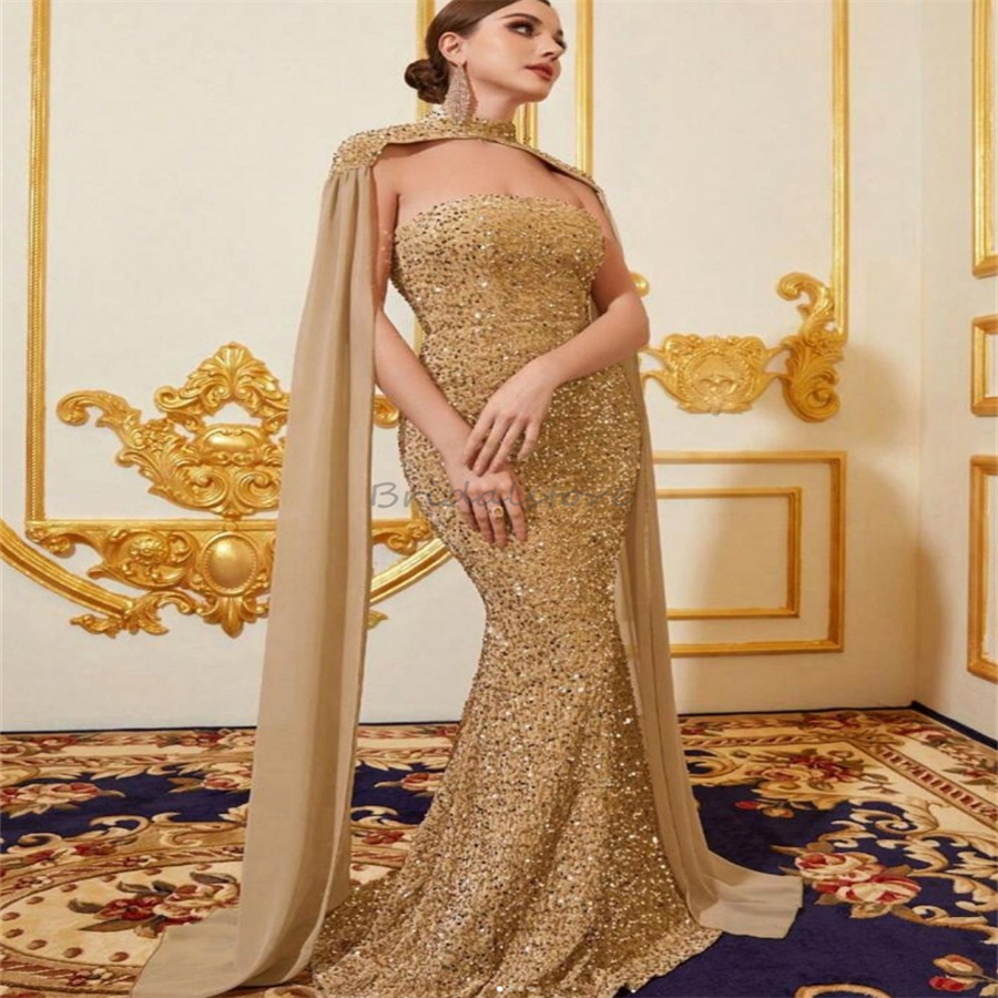 Sparkly Gold Sequin Prom Dresses With Cape Dubai Arabic Glitter Backless Evening Dress 2025 Gorgeous Strapless Mermaid Formal Occasion Party Gowns Bir