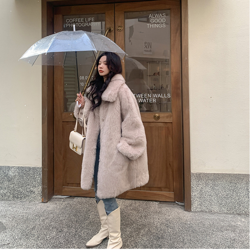 Oversized Faux Fur Women Winter Plush Lapel Long Coat Female Plus Size Fluffy Jacket Teddy Ladies Fashion Outerwear