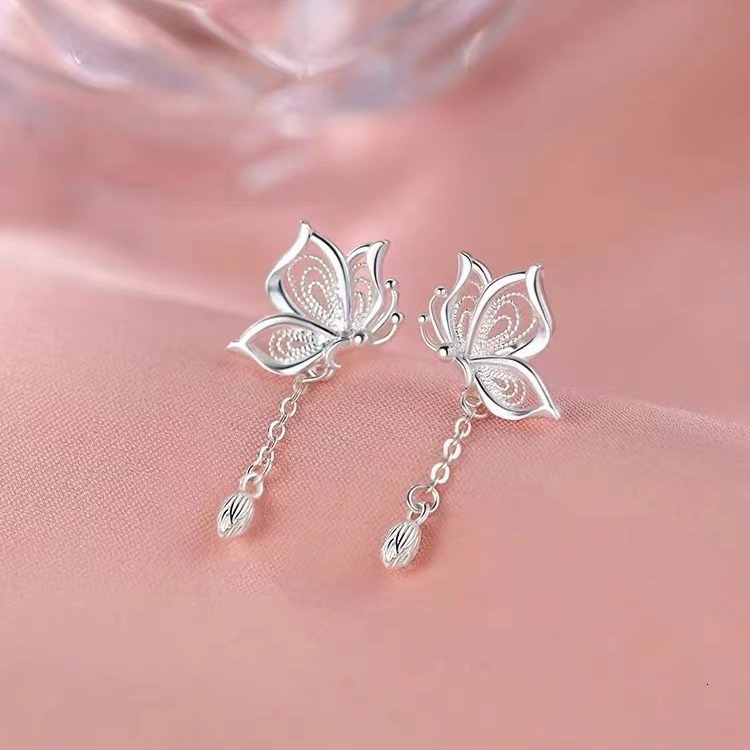 Sier needle small, fresh, sweet tassel, new butterfly earrings, ear bone studs, no need to remove when sleeping