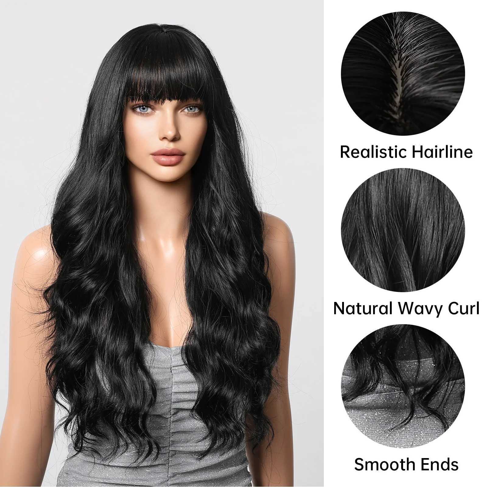 Black Brunette Wigs Long Curly Wavy Synthetic with Bangs Natural Party Daily Wig Hair for White Women Girls Heat Resistant FiberXJ241008