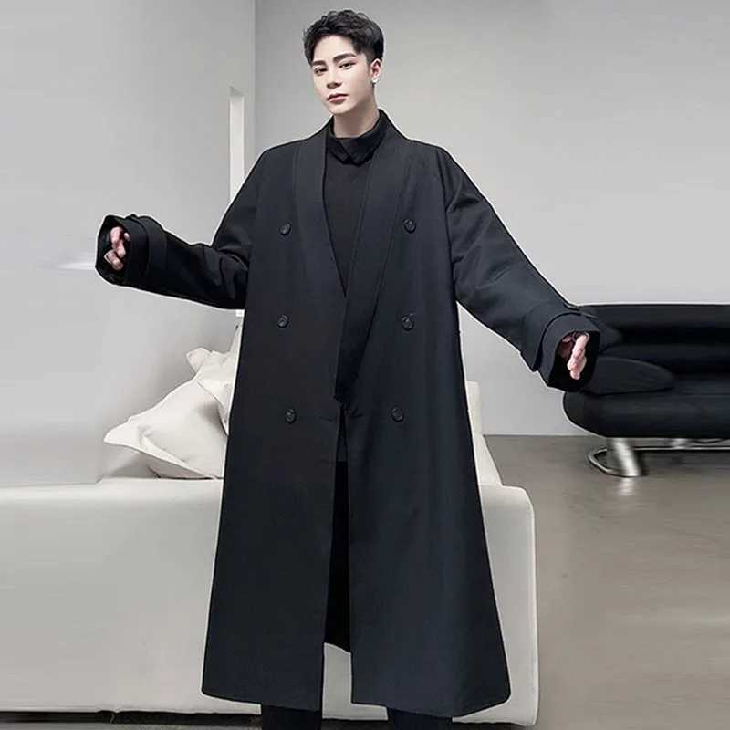 Mens Irregular Double breasted Trench Long Coat with Belt 2022 Autumn/Winter New Loose and Elegant Windproof Machine W241007