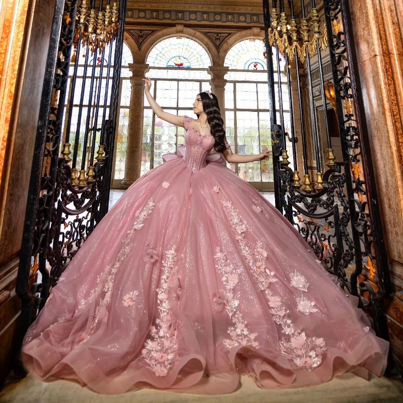 Pink Shiny Sweetheart Quinceanera Dresses Applique Lace Flower Beads Off The Shoulder Puffy Party Dress Ball Gown Vestidos De 15 Anos