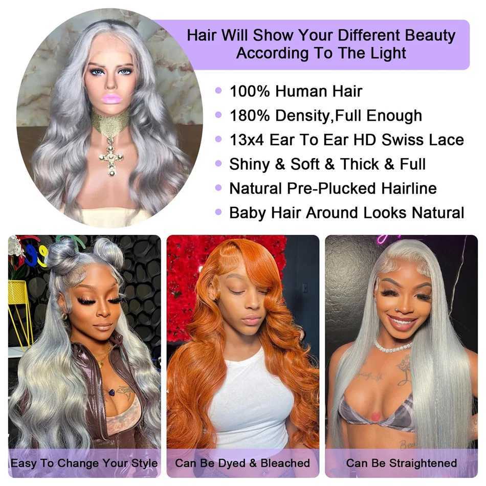 Grey Lace Front Wigs Human Hair Pre Plucked Silver Body Wave Human Hair Wig13x4 HD Transparent Lace Frontal Wig Glueless SilverXJ241008