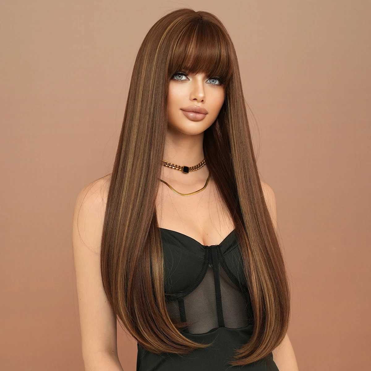 NAMM Dark Brown Long Straight Wig For Woman Daily Party Cosplay Blone Highlights Natural Synthetic Wig With BangsXJ241008