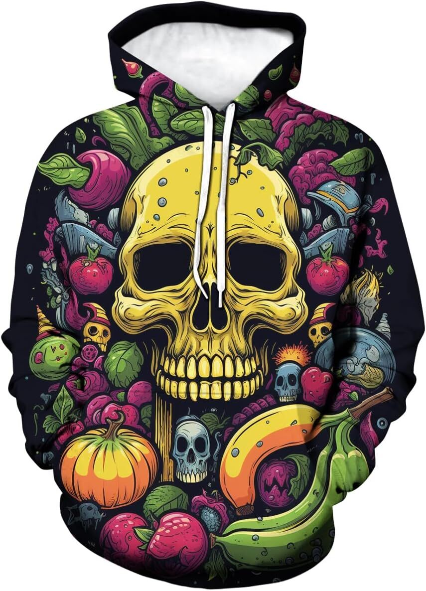 Hoodie for Mens Womens Unisex Fruit Banana Hoodie Men Skull Printed Hooded Casual Long Sleeve Pullover Hoodies Pocket Graphic comfort
