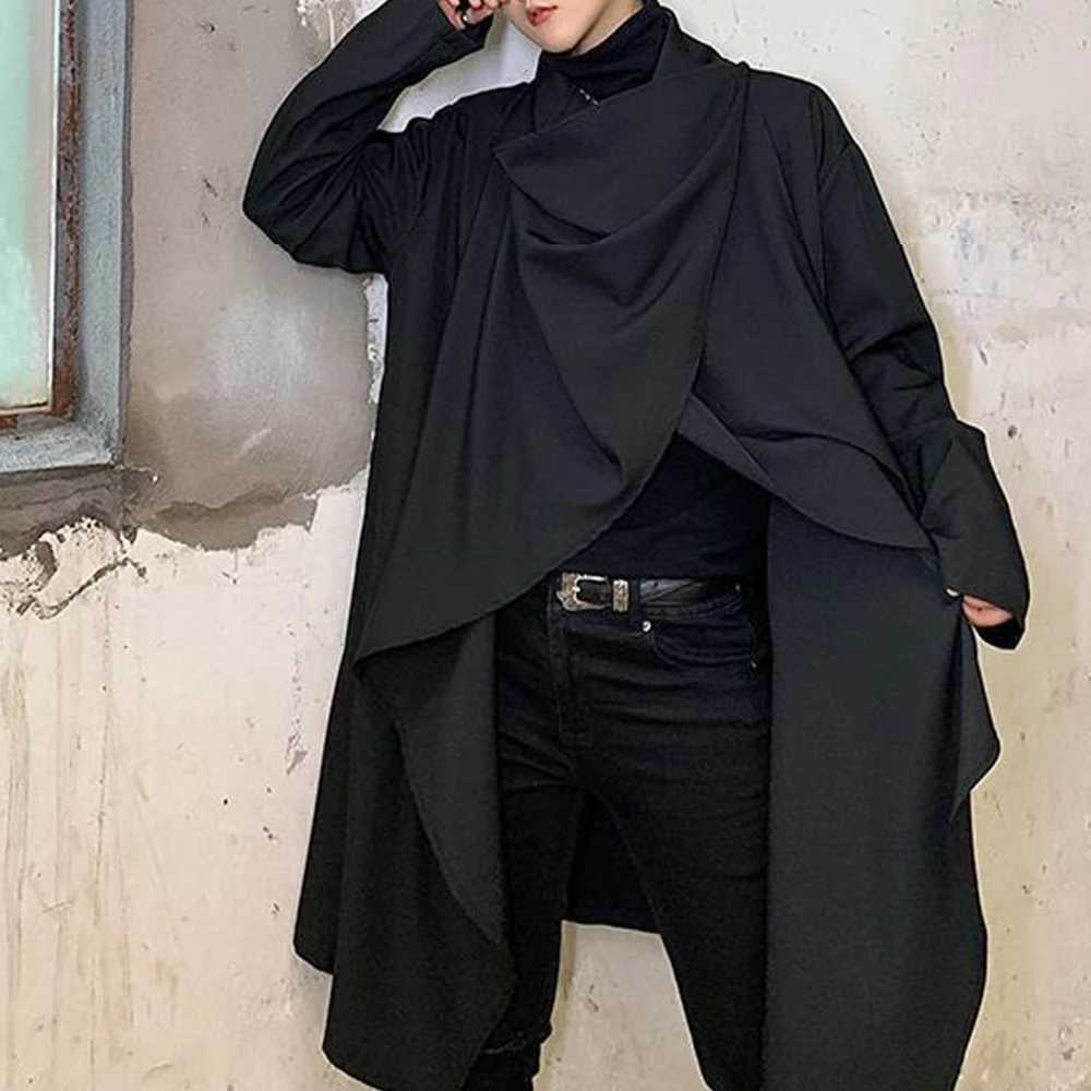 Mens outerwear long sleeved scarf collar raincoat pure cotton jacket retro irregular jacket mens streetwear W24100710