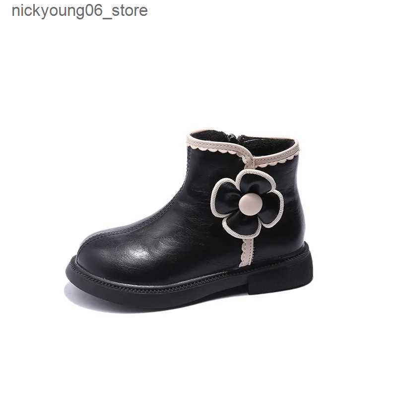 Boots 2-12Years Old Kids Boots Fashion Warm Children Ankle Booties Autumn Winter Girls Flowers PU Leather Shoes Footwear Black Beige L240910