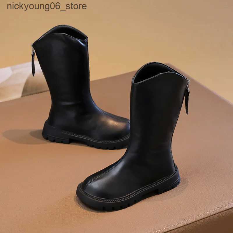 Boots New Girls Mid-Calf Boots Black Brown Versatile Children Leather Boots Classic Simple Kids Causal Catwalk Boots Fashion Non-slip L240910