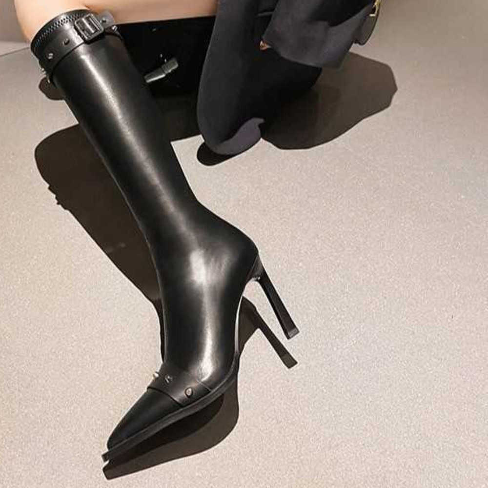 Riveted Long Tube Martin Boots For Women With Slim Heels Fashion Boots French Style Pointed High Tube Boots Black High Heels Slimming Boots 240826