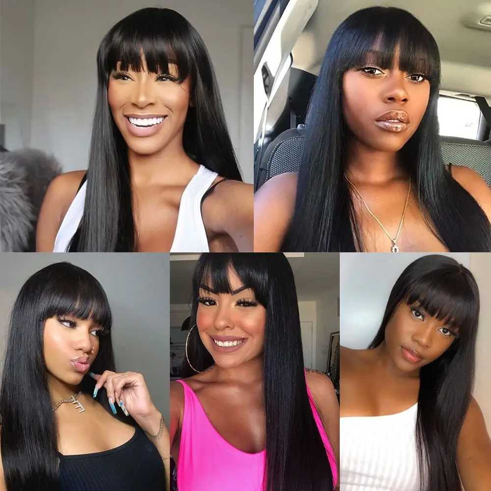 28 Inch Black Synthetic Hair Wig With Full Bangs Long Straight Wig Natural Soft Hair Heat Resistant Silk Headpiece For WomenXJ241008