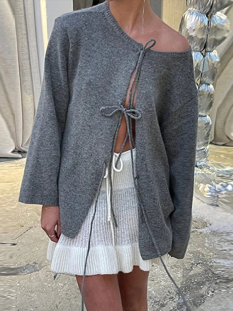 Grey knitted lace womens cardigan wool sweater solid color long sleeved casual loose sexy top 241007