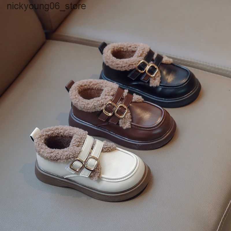 Boots British Style Children Leather Shoes for Girls Winter 2023 Thick Soled Lamb Wool Warm Boys Uniform School Cotton Shoes Plush PU L240910