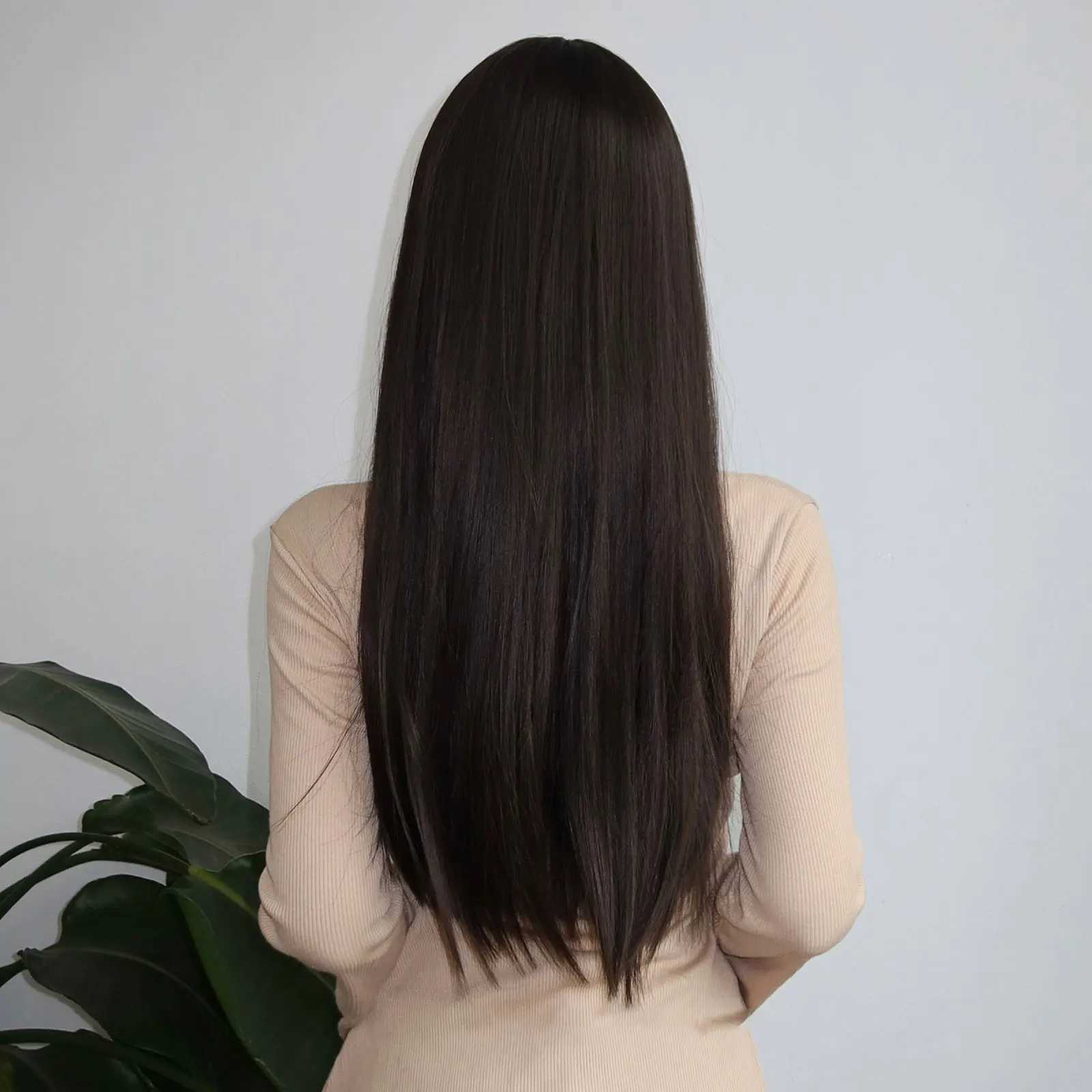 Long Straight Black Wig with Bangs 26 Inch Black Brown Natural Hairline Female Synthetic Wig for Women Daily Wear Mothets DayXJ241008