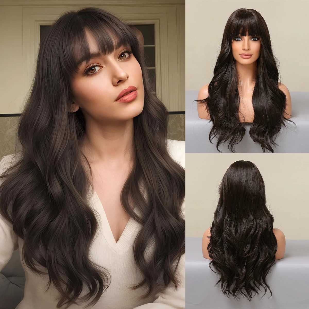Long Wavy Black Brown Synthetic Wigs With Bangs Natural Curly Hair Wigs for Women Heat Resistant Fiber Wigs for Daily CosplayXJ241008