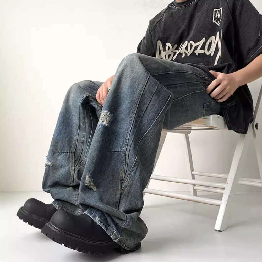 American Washed Denim Jeans For Men In Autumn, Loose Fit, Oversized, Wide Leg, High Street, Rugged And Handsome, Dirty And Worn Straight Leg Pants 1Ed