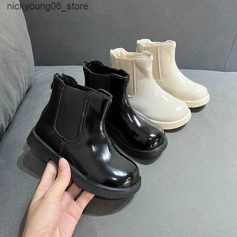 Boots Kids Fashion Black Girls Short Boots Zipper Beige Children Chelsea Boots Glossy Britain PU Spring Autumn Non-slip Drop Shipping L240910
