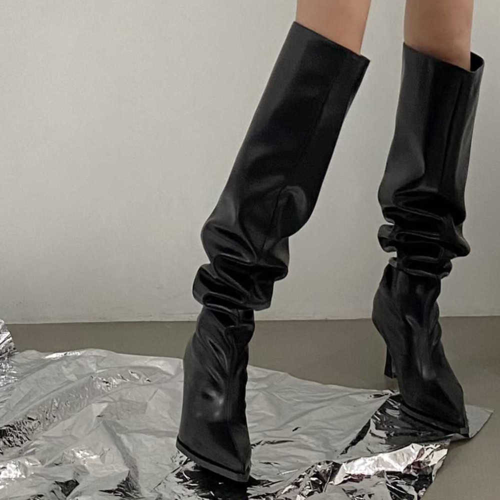 Spicy Girl Up Martin Boots Wide Tube Long Fashion Boots For Women Slimming Pointed High-heeled Soft Leather Boots Knee Long Tube Boots 240826