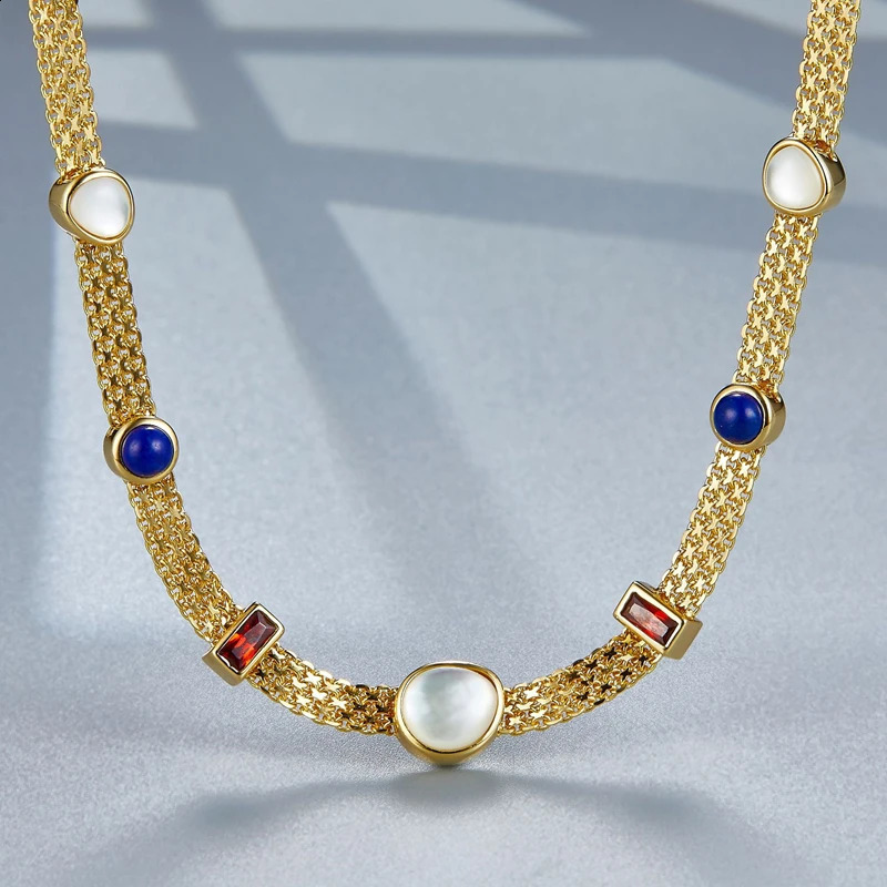 Natural lapis lazuli white shell 925 silver gold-plated pendant necklace for women zircon French necklace 240925
