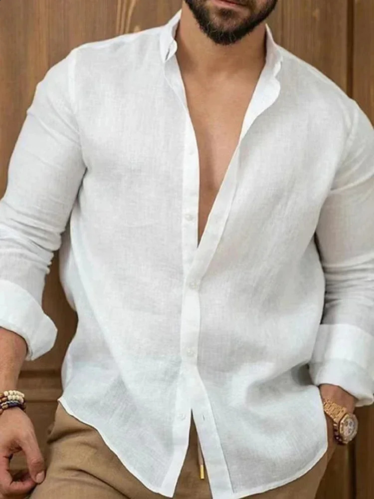 Cotton linen mens shirt classic button collar spring and autumn long sleeves fashionable loose mens top 241007