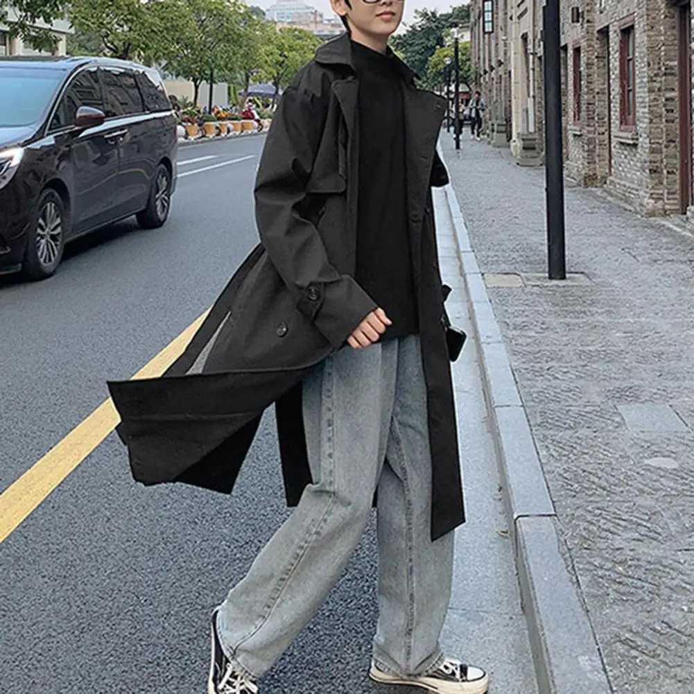 Autumn trench coat lapel coat oversized and fashionable streetwear mens spring coat mens winter coat for dating W241007