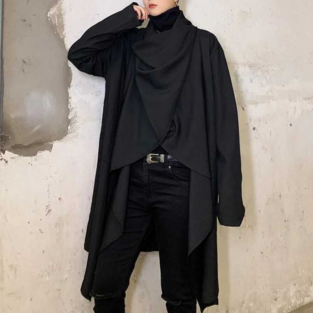 Mens outerwear long sleeved scarf collar raincoat pure cotton jacket retro irregular jacket mens streetwear W24100710