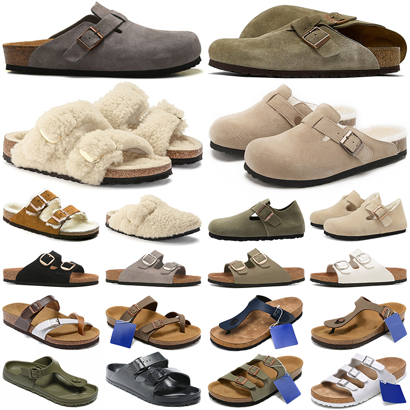 free shipping designer sandals women men clogs cork footbed suede leather fur slider clog shoes adjustable buckle strap comfortable arch support summer beach shoes