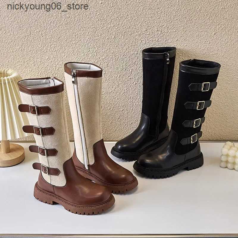 Boots Retro Buckle Girls Long Boots 2024 Autumn New Fashion Knee-length Boots Princess High Top Casual Children Shoes L240910