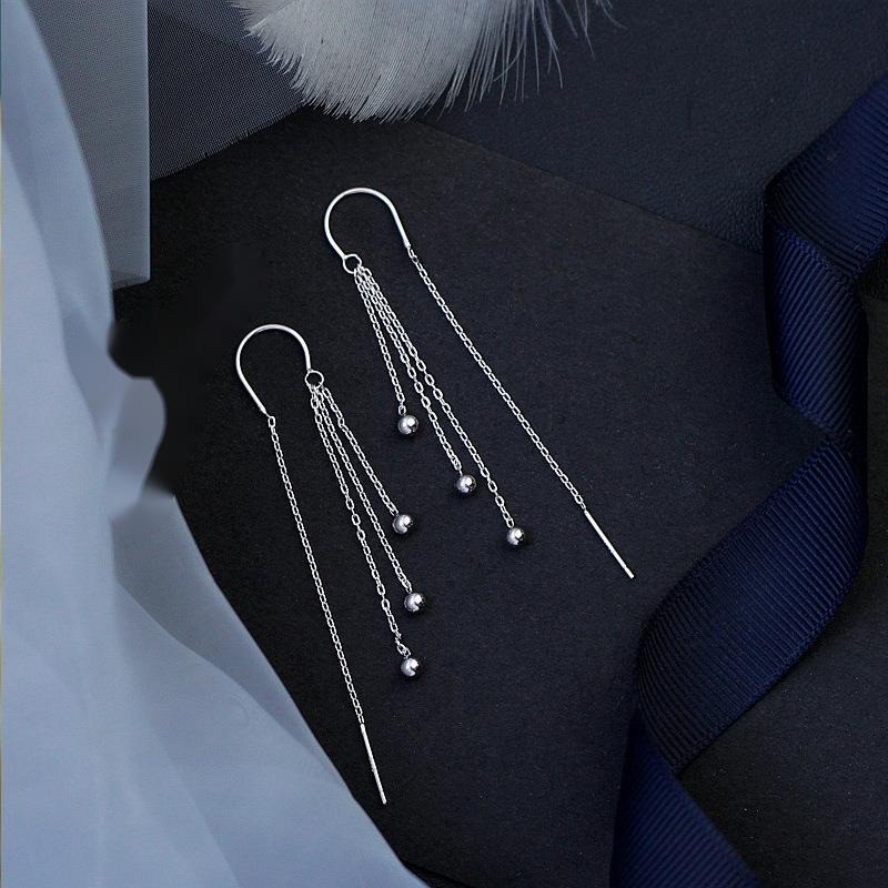 Pure sier needle for women, internet famous earrings, curved hoo, round beads, tassels, niche earrings