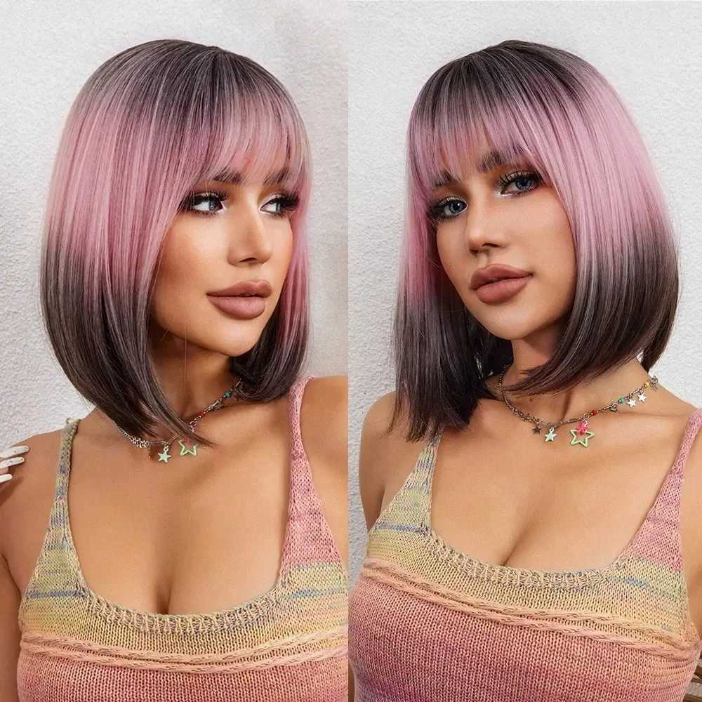 ALAN EATON Short Ombre Pink Black Hair Wig Synthetic Bob Wigs with Bangs Pink Straight Wig for Women Party Use Heat ResistantXJ241008