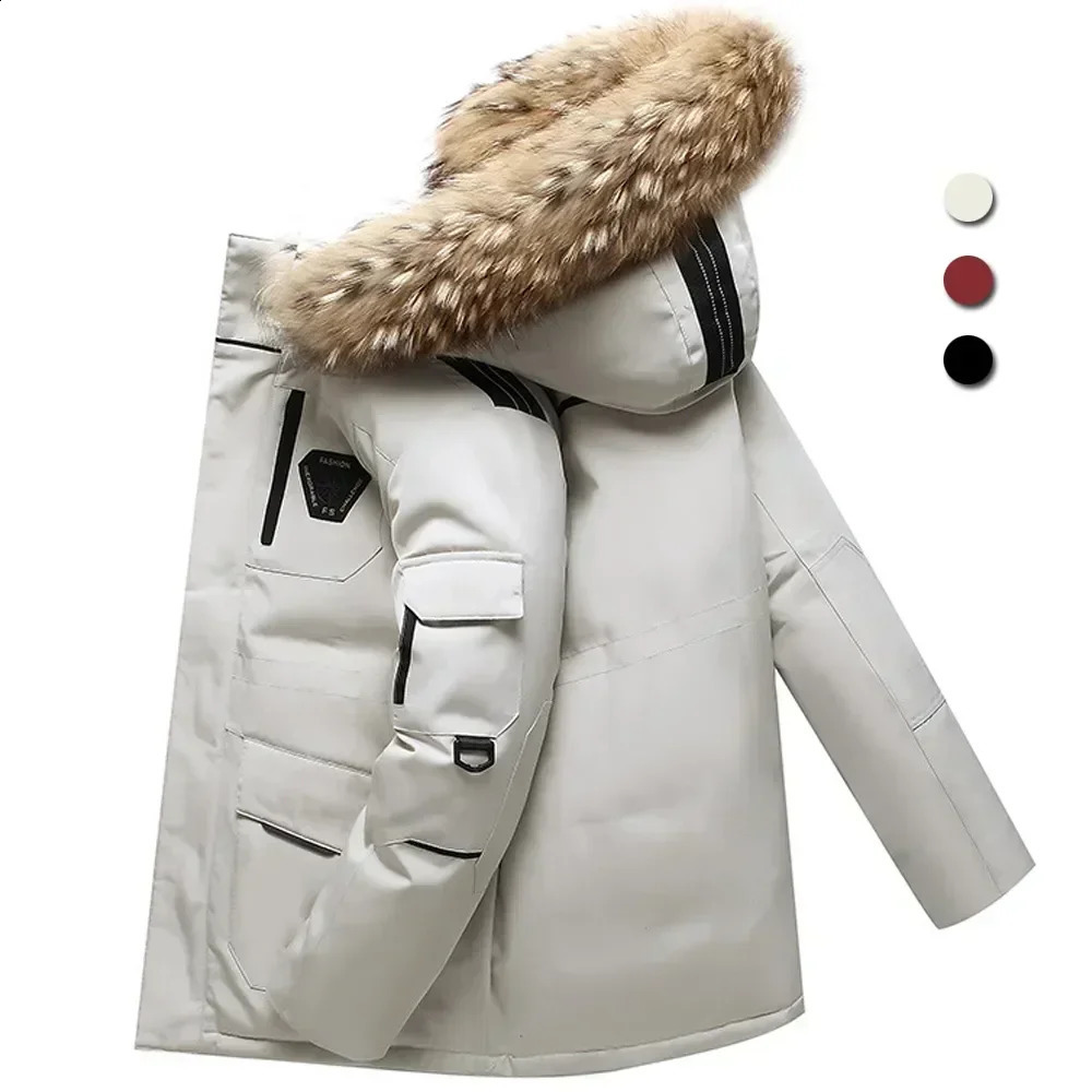 Winter jacket 90% white duck down park mens medium long fur collar -30 degree warm thick snow coat 240930