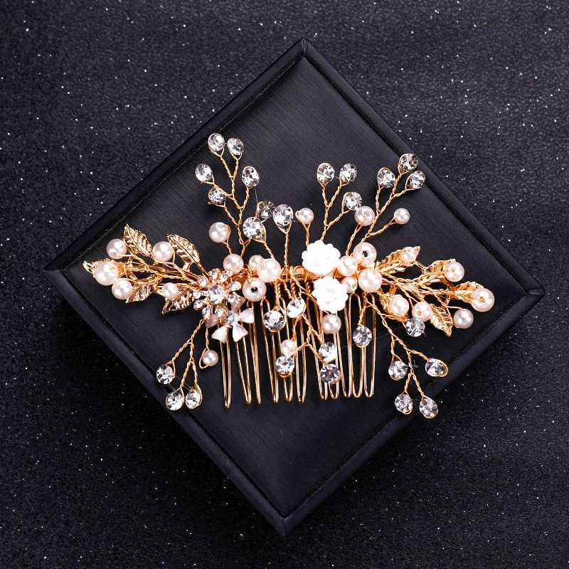 Golden crystal pearl hair comb headband for women bridal party bridal wedding hair accessories jewelry comb headband W241007