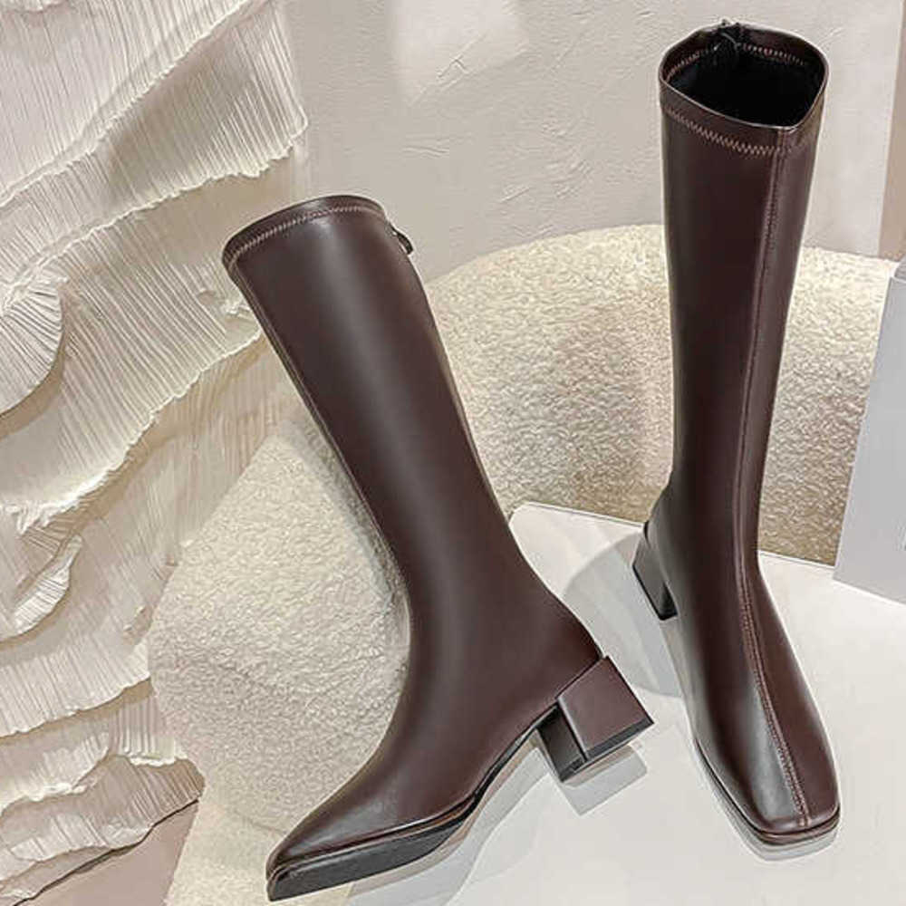 Leather Elastic Martin Boots For Women Square Toe Thick Heel Long Tube Boots For Women Zipper Back Slimmer The Knee Knight Boots 240826