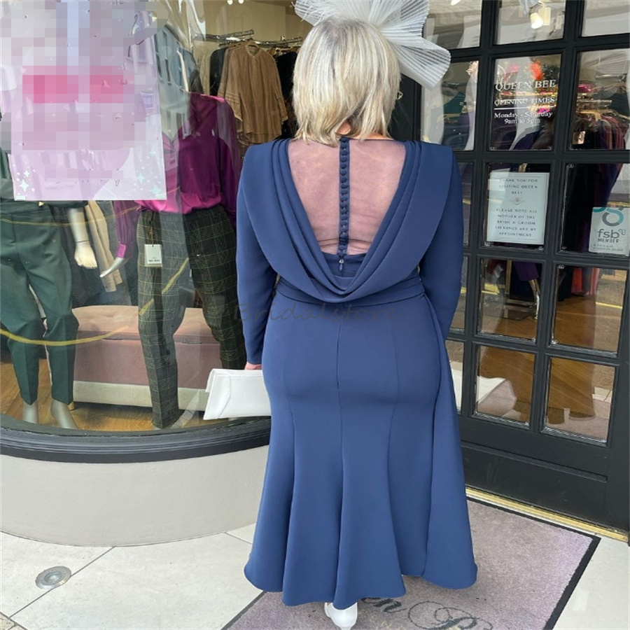 Navy Blue Mother Of The Bride Dress Elegant Appliques Lace Short Wedding Guest Dress Plus Size Long Sleeve Midi Maxi Cocktail Evneing Birthday Party D